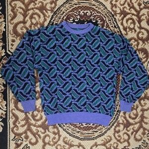 Vintage 90s Wacky Abstract Print Knit Sweater Purple Green Long Sleeve 1990s